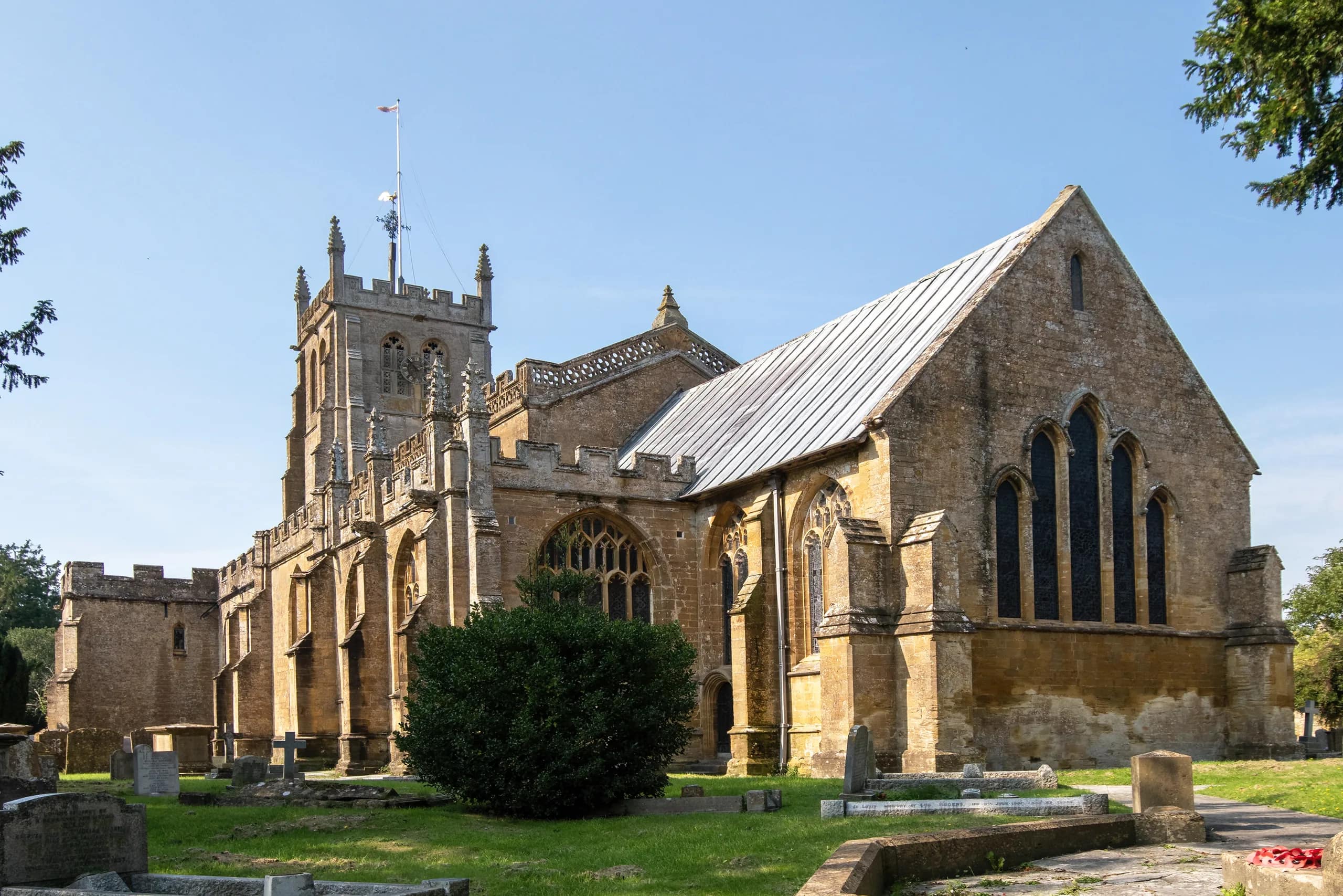 All Saints Church in Martock, built in golden Ham stone