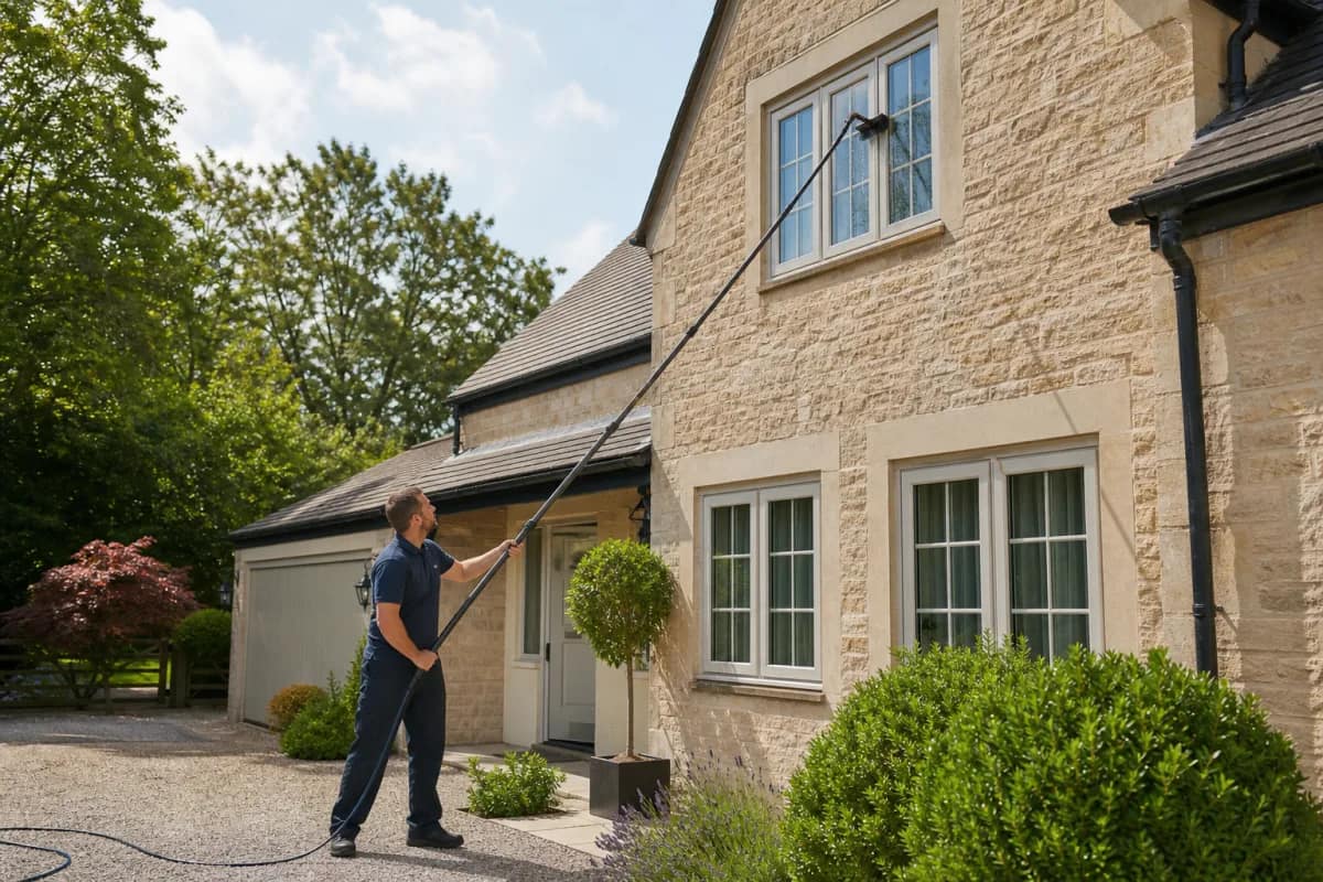 A Somerset Window Cleaning team member cleaning upstairs windows with a reach-and-wash pole
