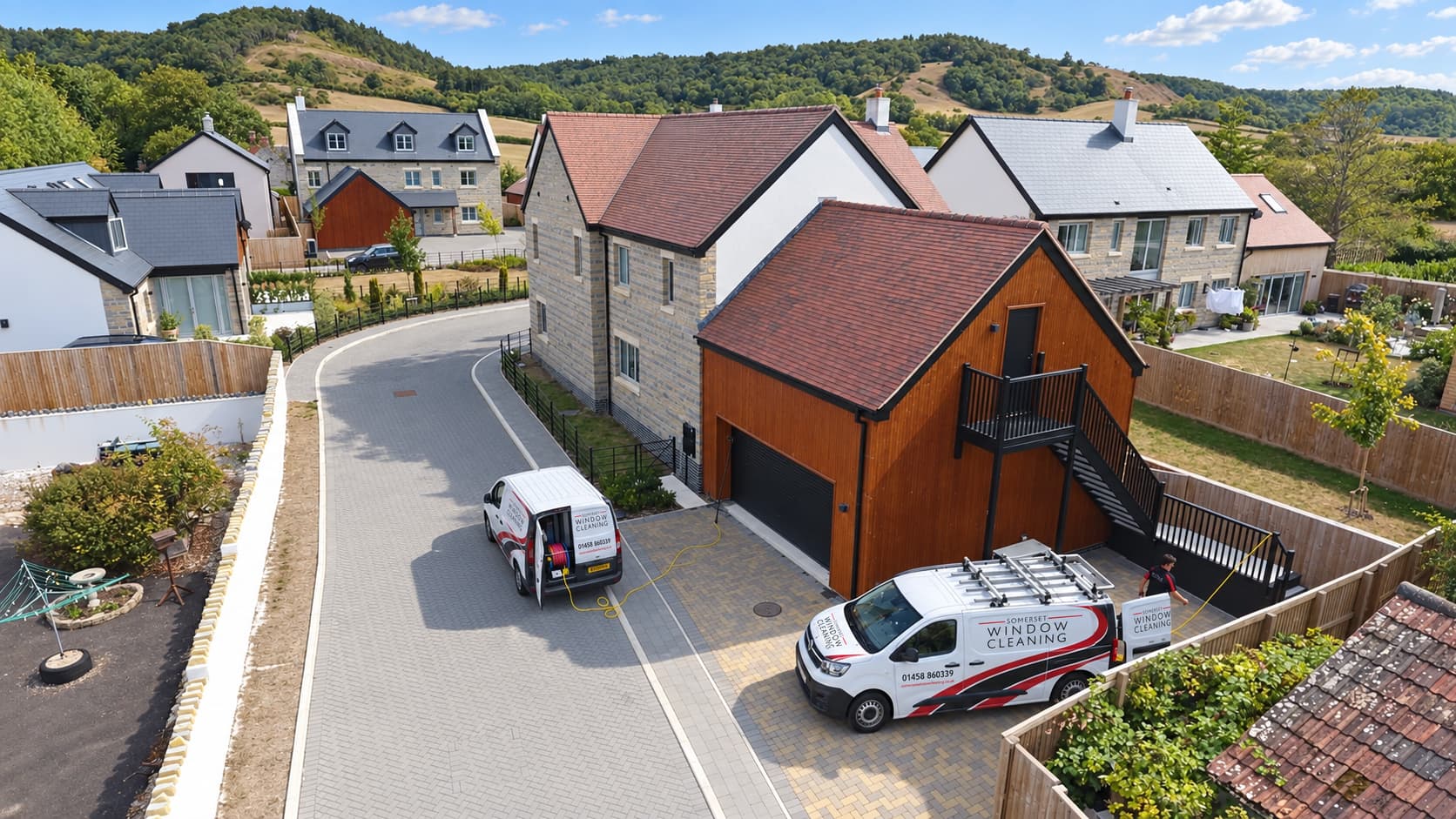 Edited aerial photo of two white Somerset Window Cleaning vans on a new-build close with a technician at work; van colours, lettering, daylight and a foreground road patch retouched