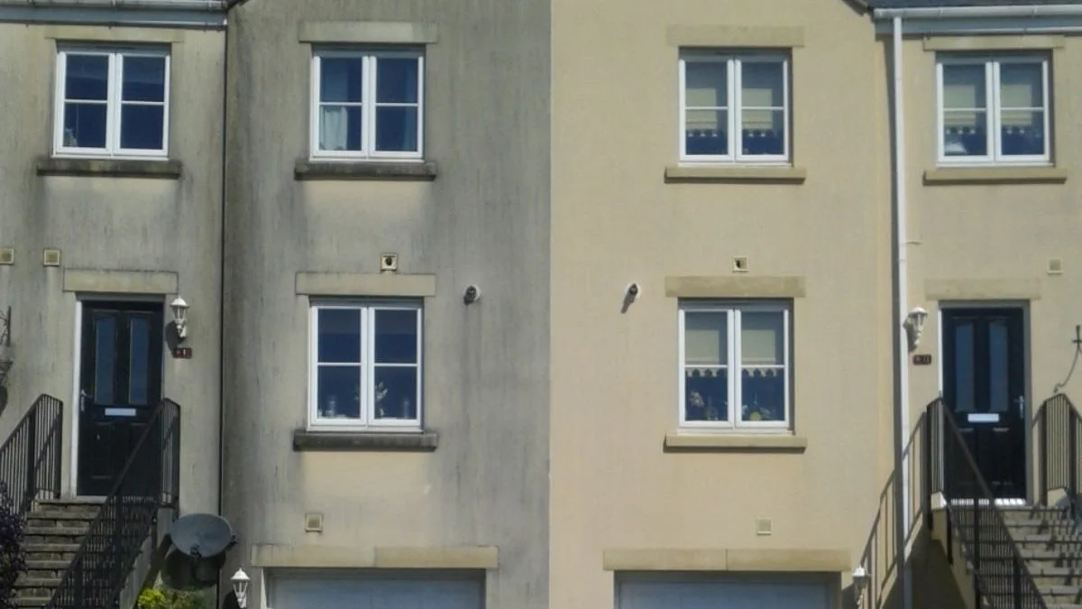 Technician soft washing an algae-stained rendered exterior wall