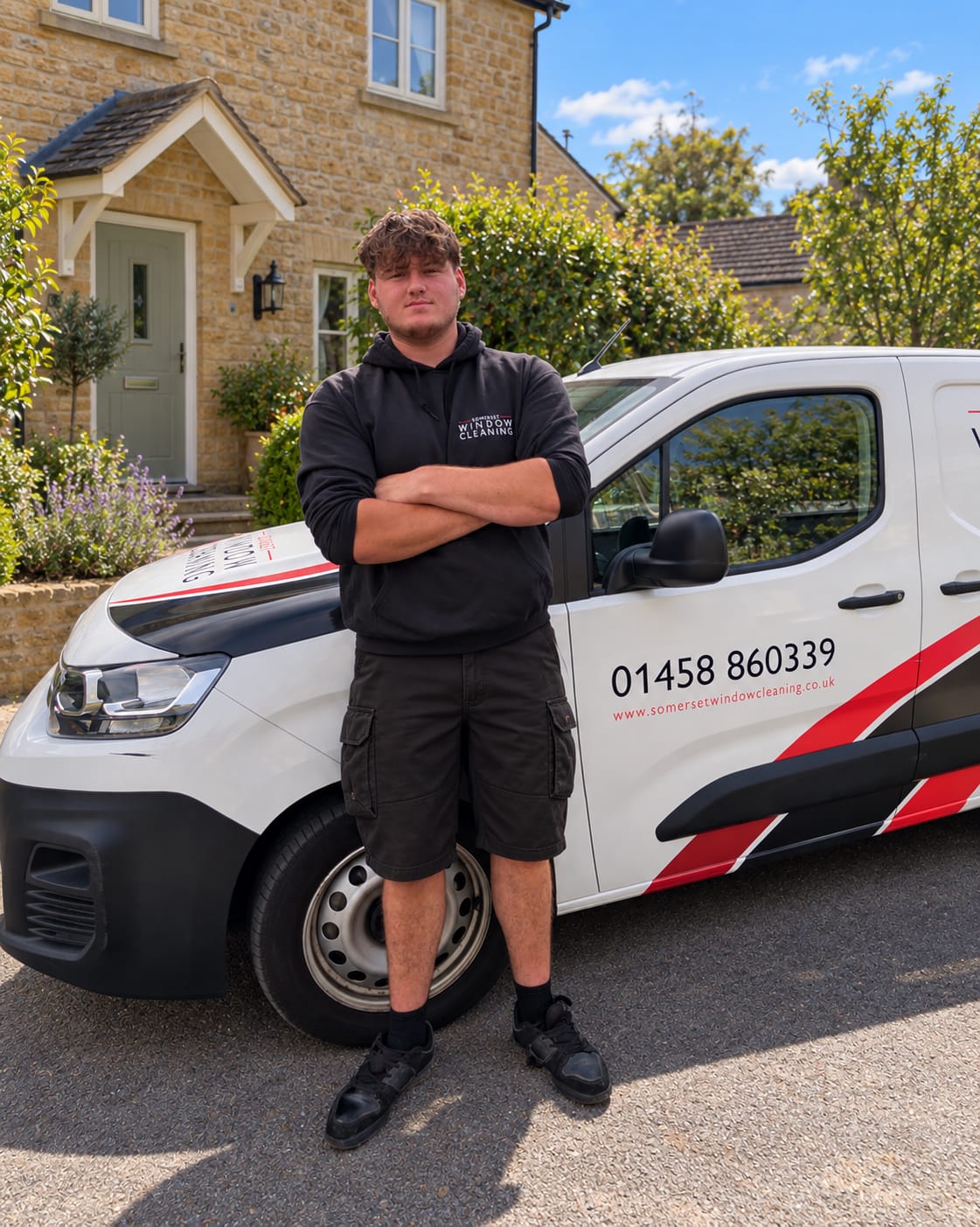 Portrait of Leon beside a Somerset Window Cleaning van