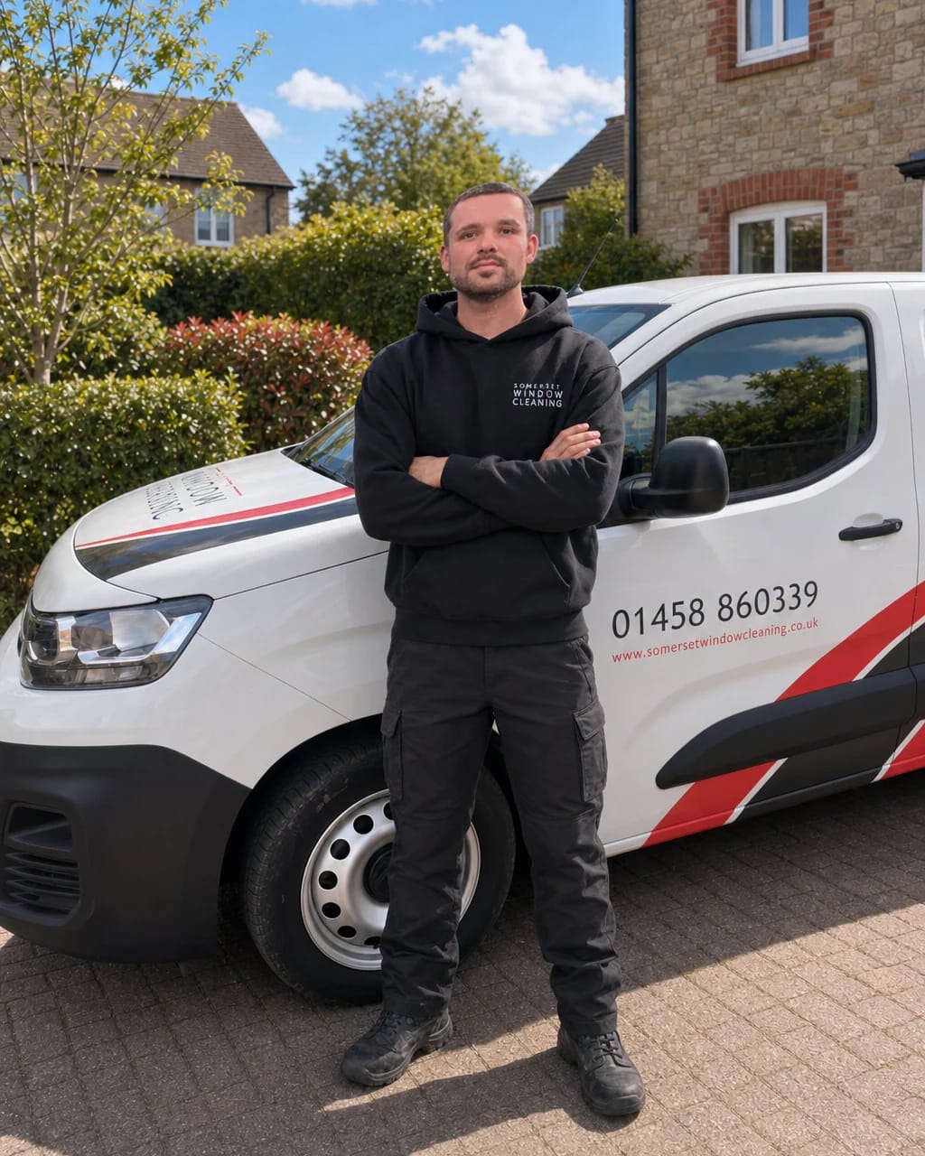 Portrait of Lucas beside a Somerset Window Cleaning van