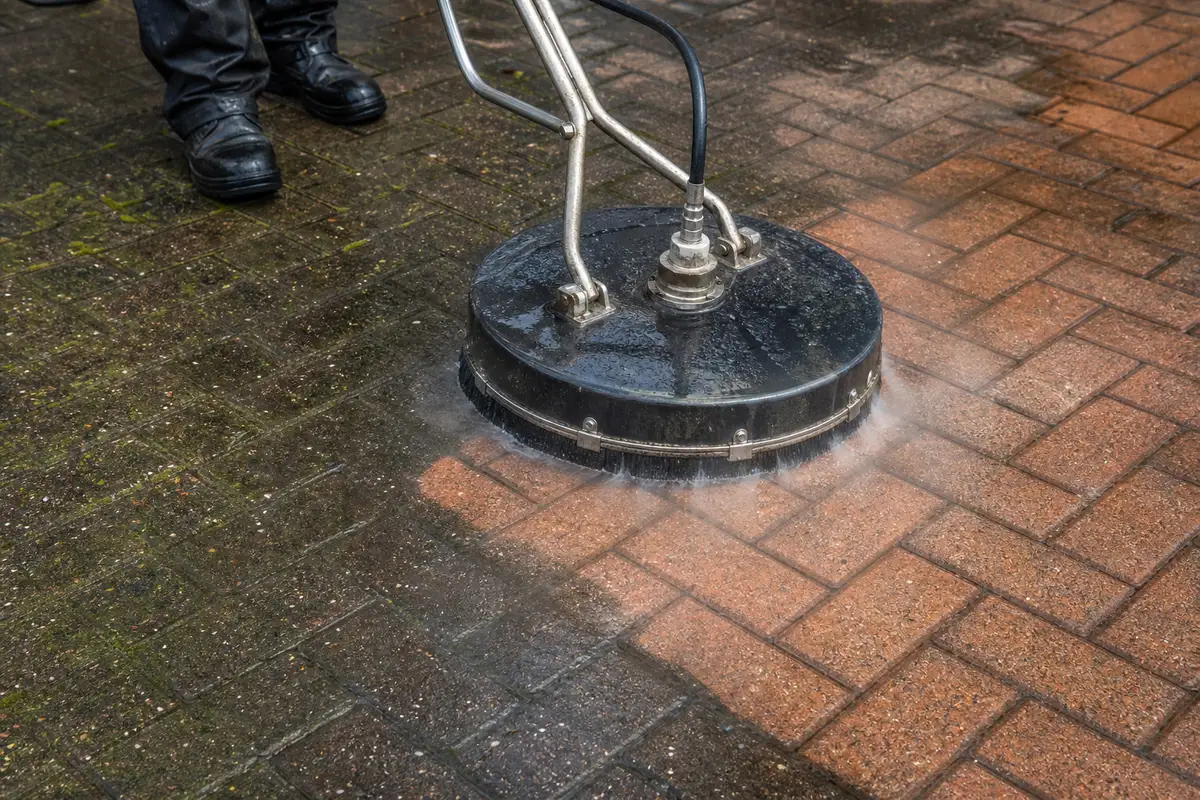 A patio being pressure washed to an even finish