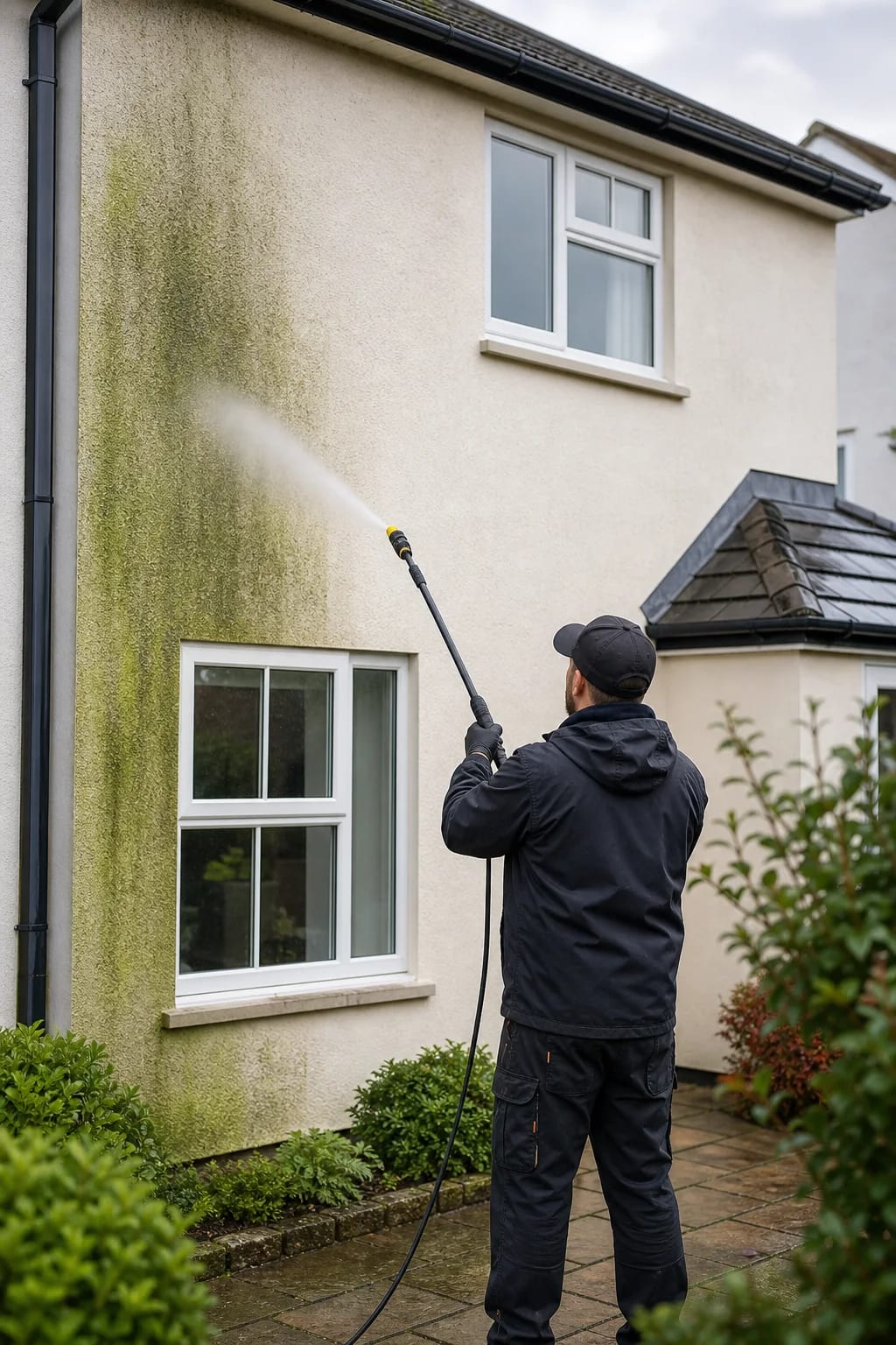 SWC technician using a pole to soft wash rendered walls on a residential property