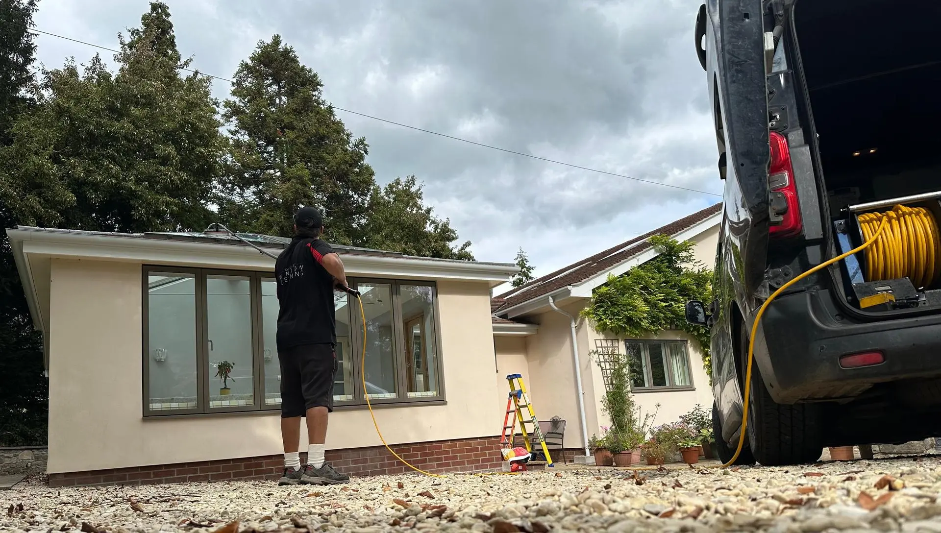 Conservatory roof cleaning in progress