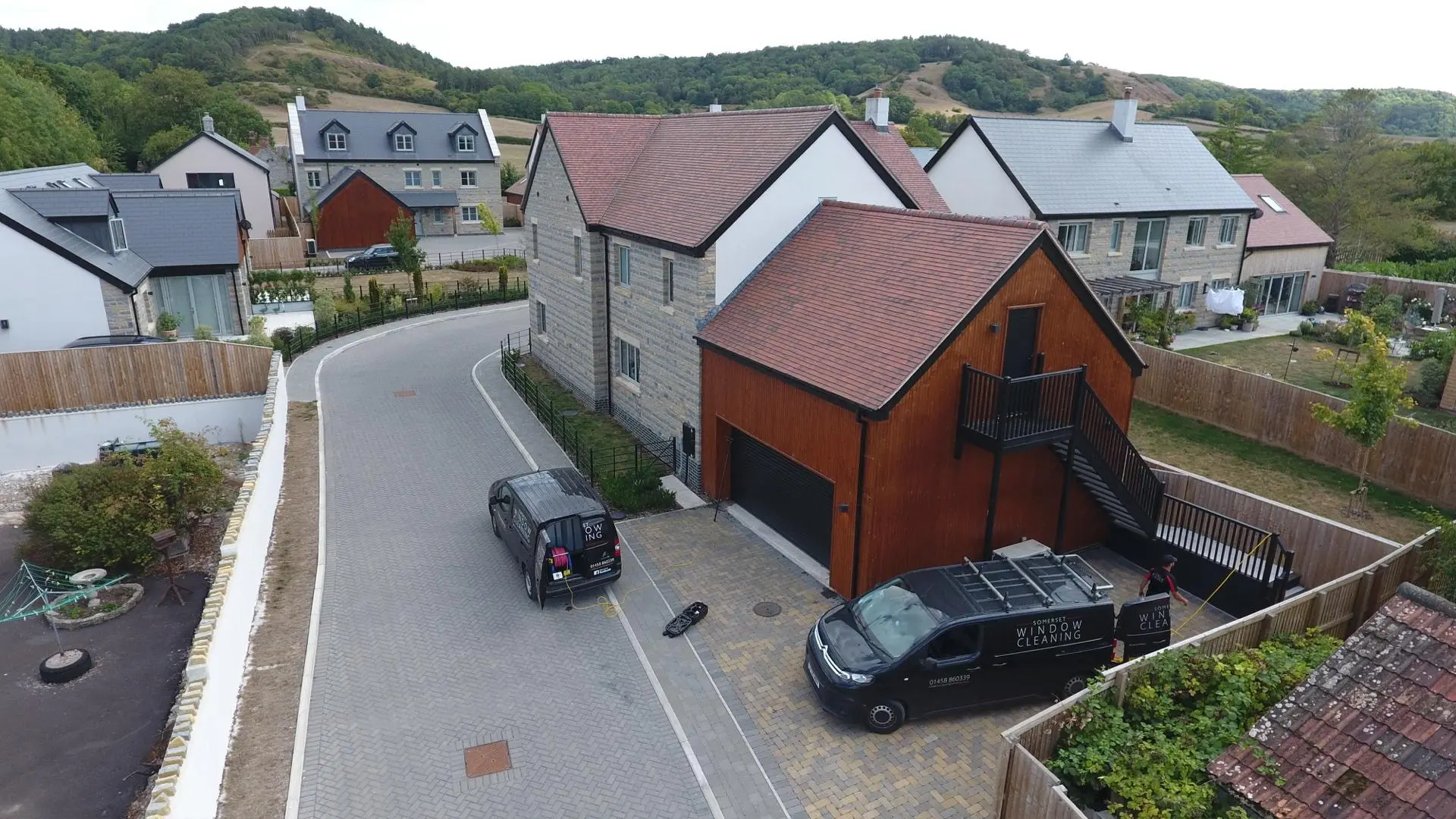 Commercial window cleaning team at work