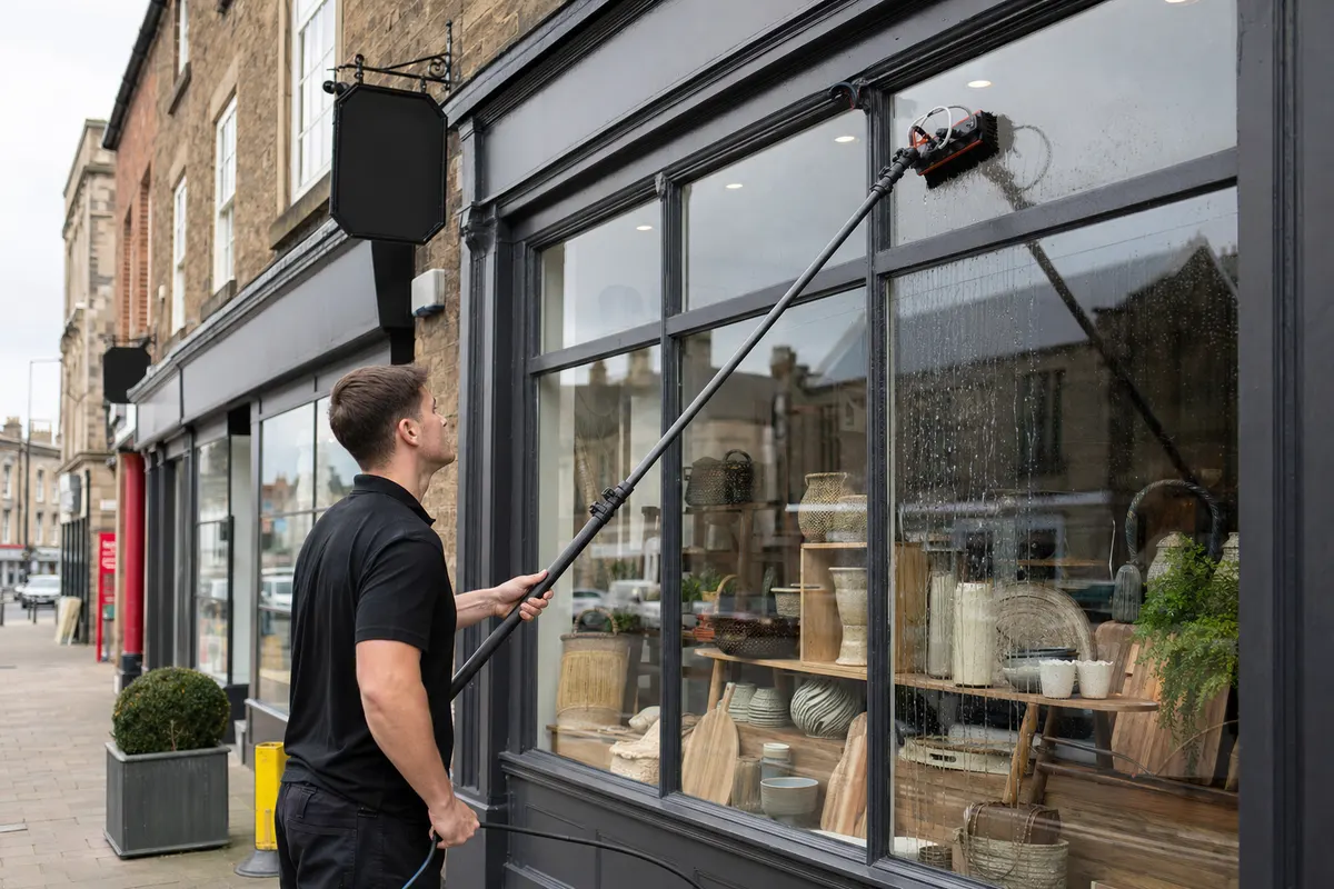 A reach-and-wash pole cleaning the windows of a local Somerset shop