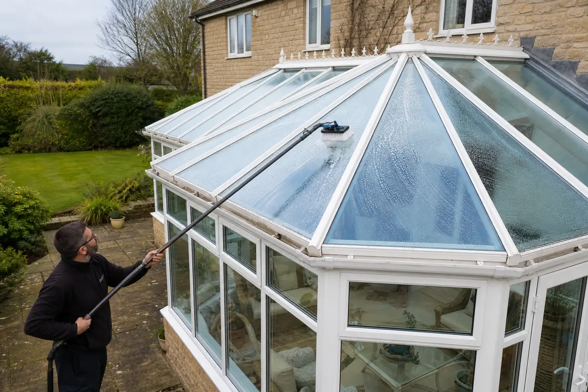 A ground-based water-fed brush cleaning a glass conservatory roof