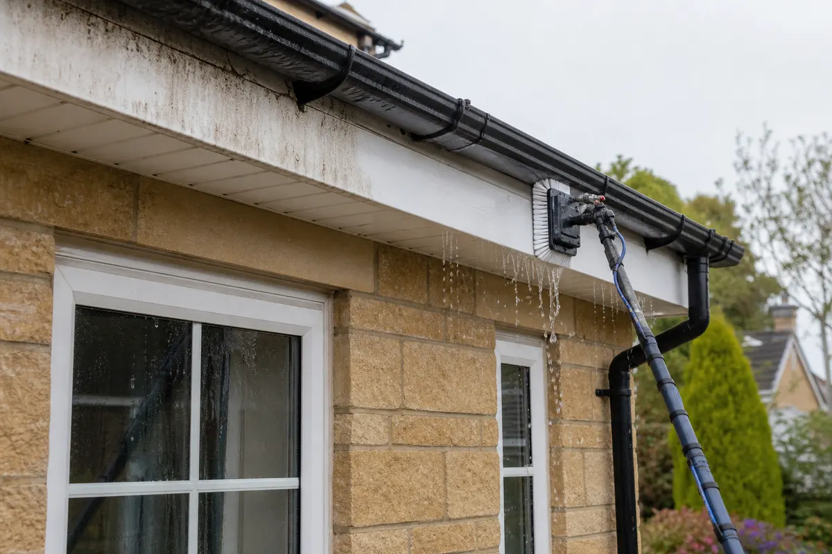 A water-fed brush cleaning white fascias and soffits on a Somerset home