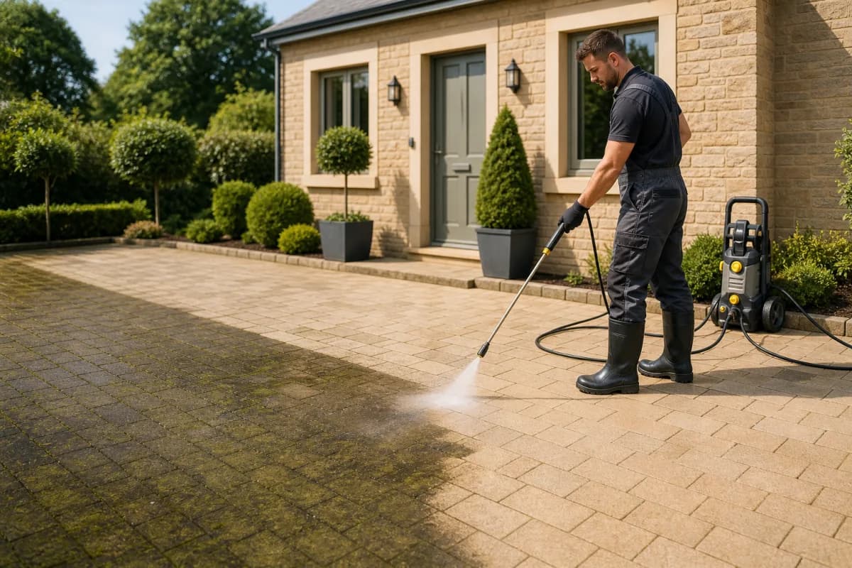 Pressure washing a driveway