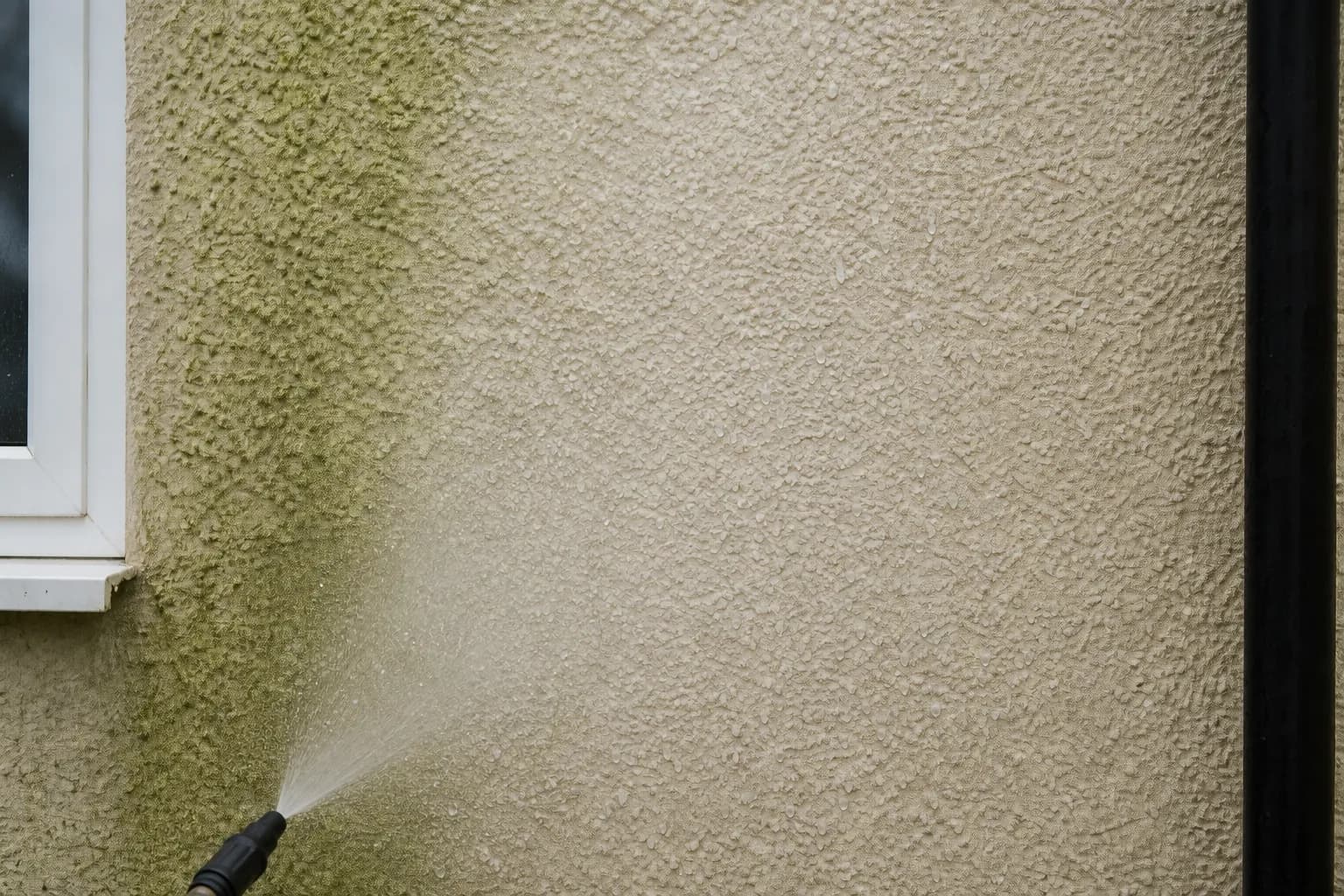 Close-up of green algae being gently soft washed from textured cream render