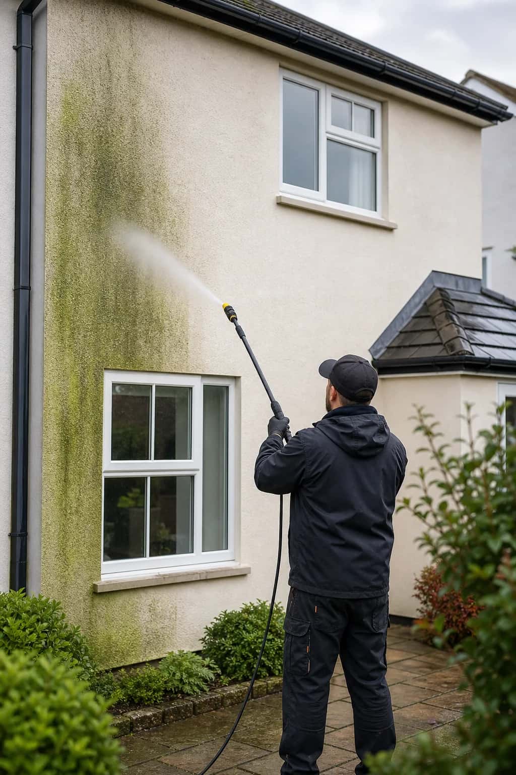 SWC technician using a pole to soft wash rendered walls on a residential property