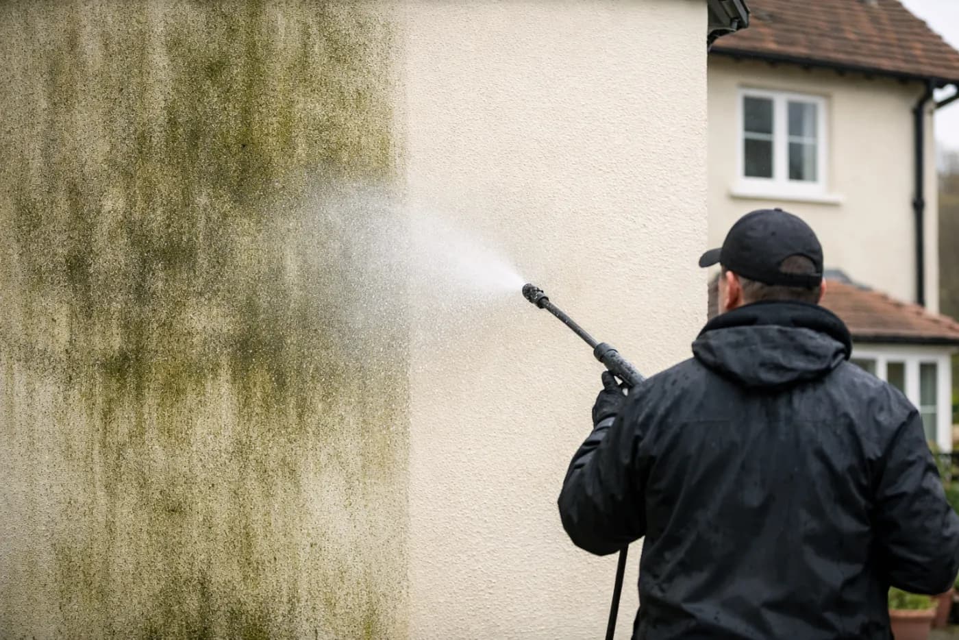 Render cleaning and soft washing on a house exterior