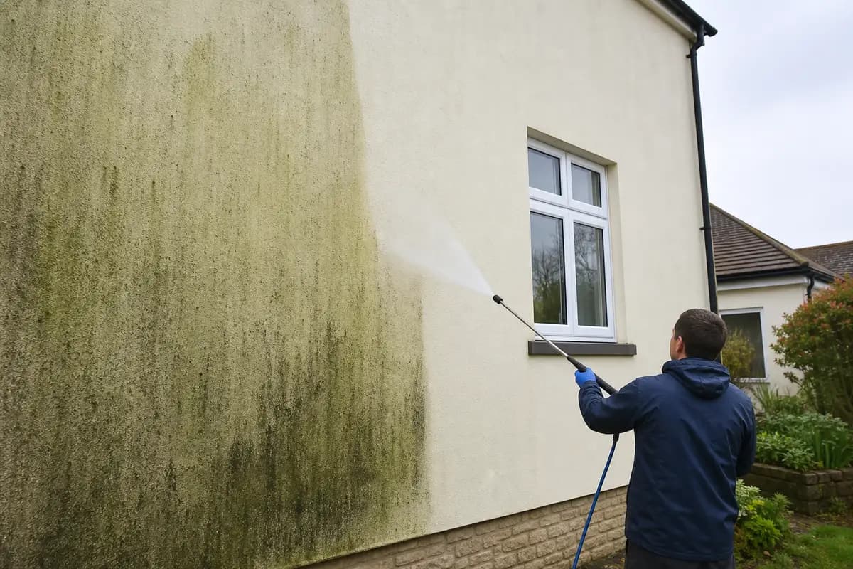 Low-pressure soft washing removing algae from a rendered house wall