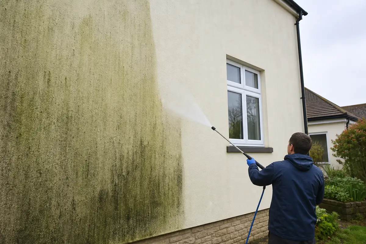 Green algae being soft washed from an exterior wall with a low-pressure lance