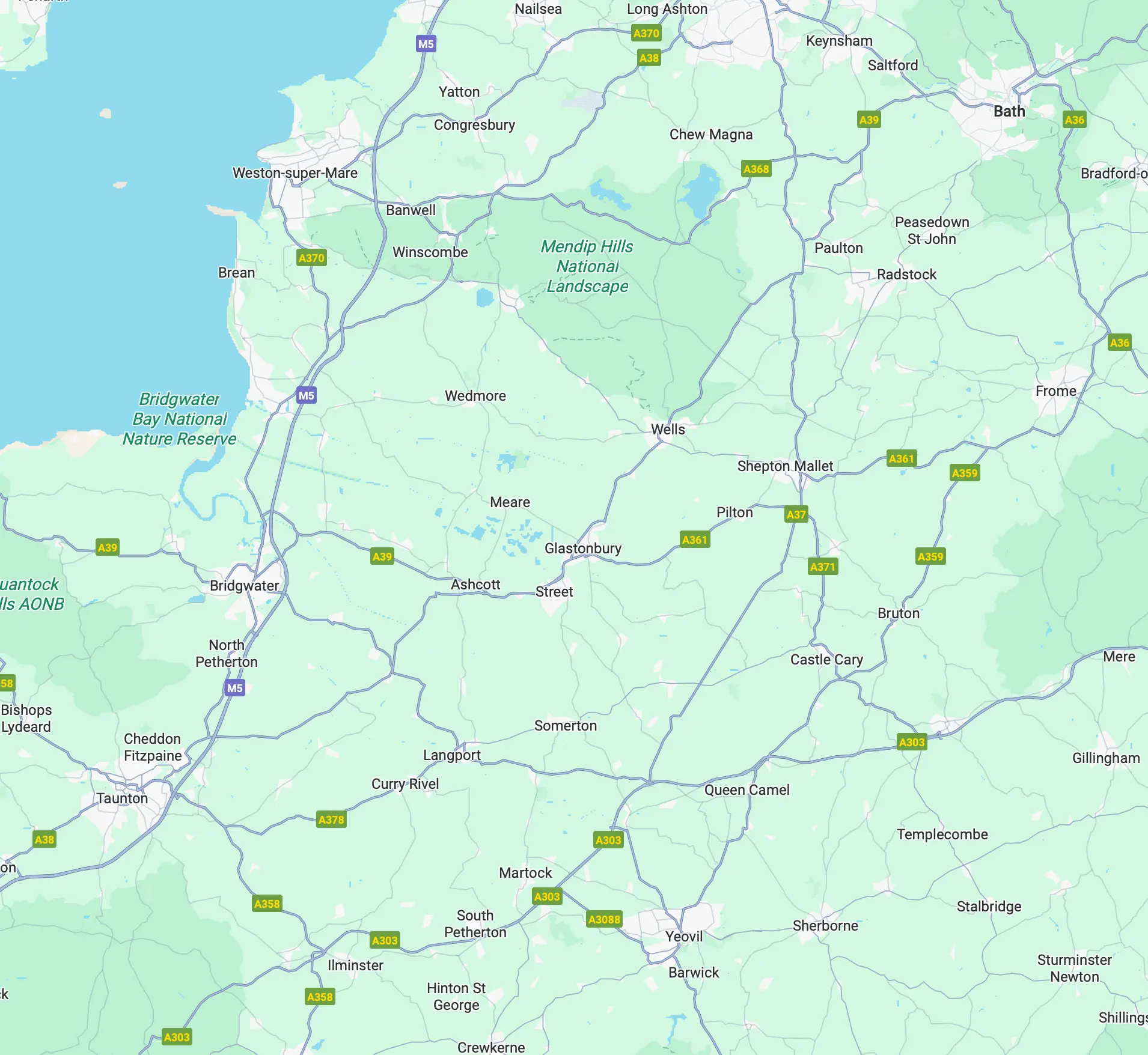 A map of Somerset showing the towns and villages Somerset Window Cleaning covers