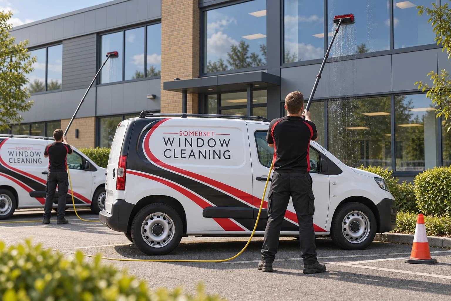 AI-generated illustration of Somerset Window Cleaning technicians cleaning office windows beside two white vans with red and black graphics