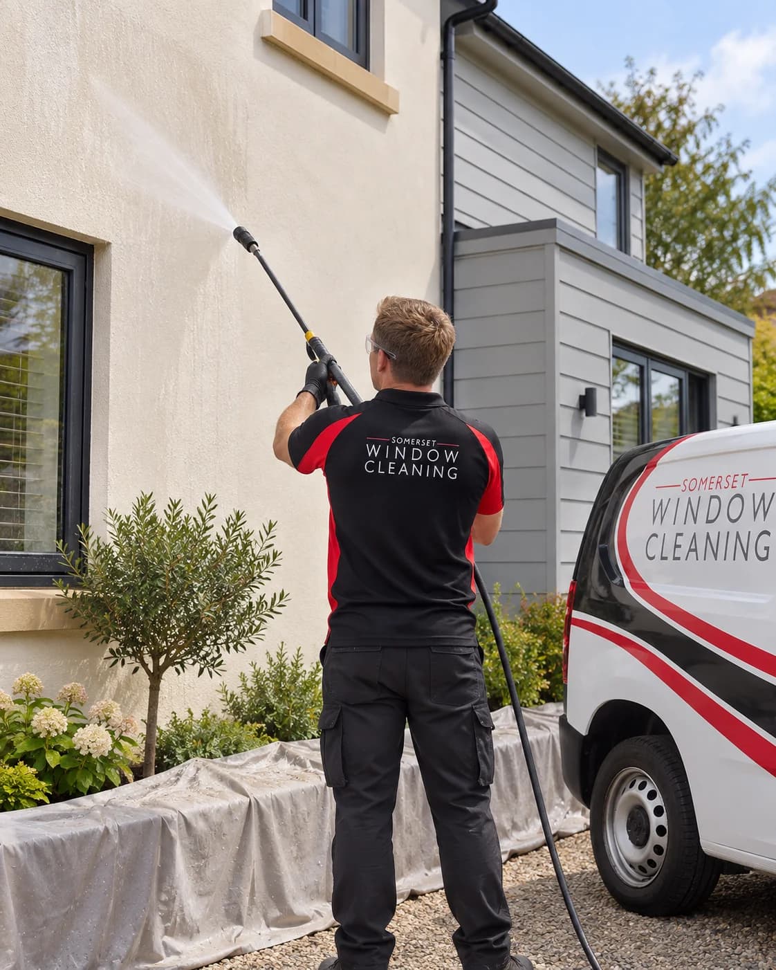 AI-generated illustration of a Somerset Window Cleaning technician gently soft washing a rendered property with a clad extension