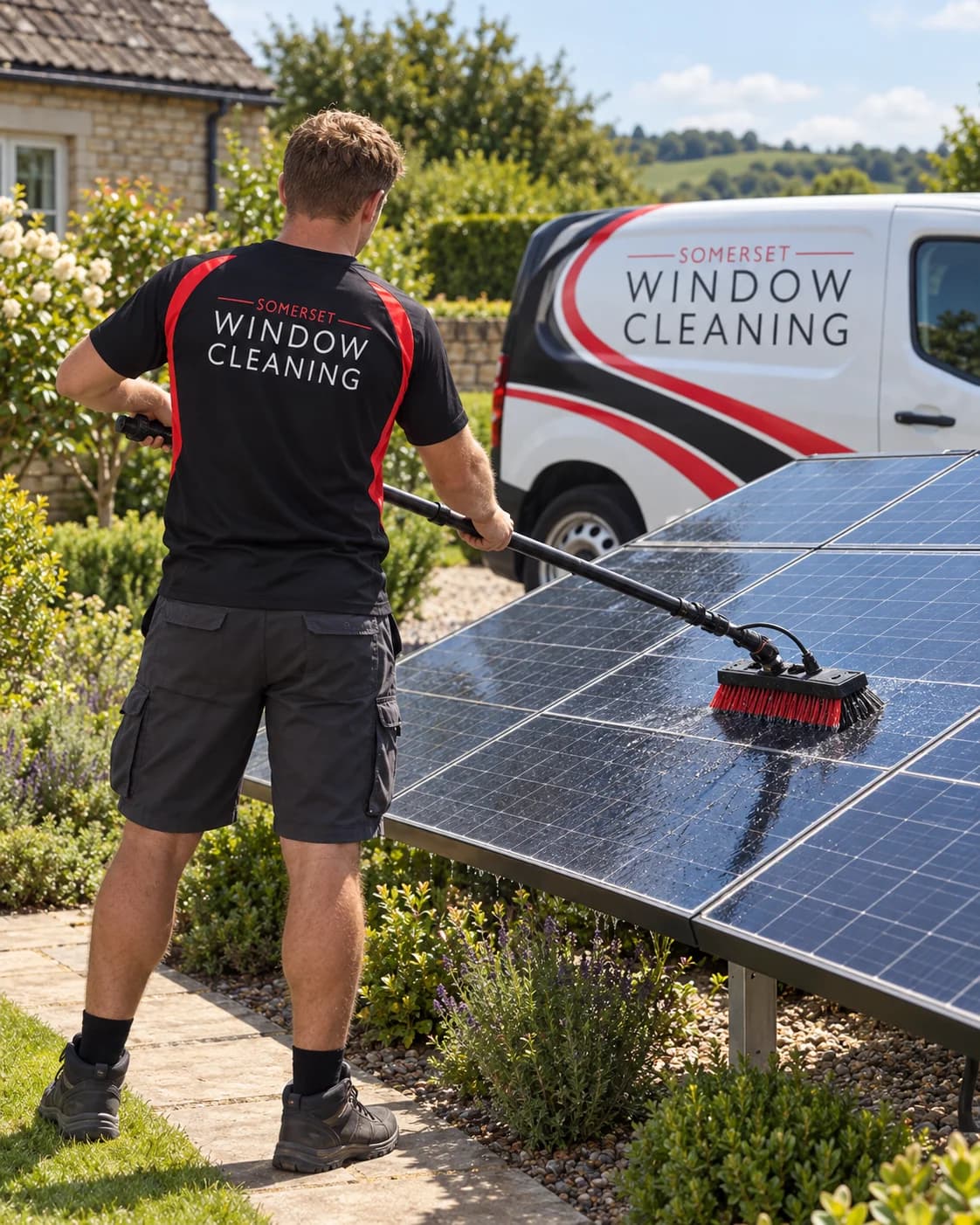 AI-generated illustration of a Somerset Window Cleaning technician cleaning a low solar array with a water-fed brush from the ground