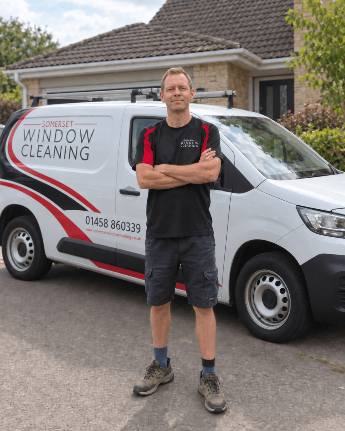 Dylan, Supervisor at Somerset Window Cleaning; portrait with an edited van background