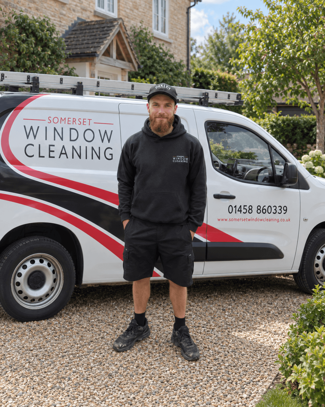 Sean, Operations Manager at Somerset Window Cleaning; portrait with an edited van background